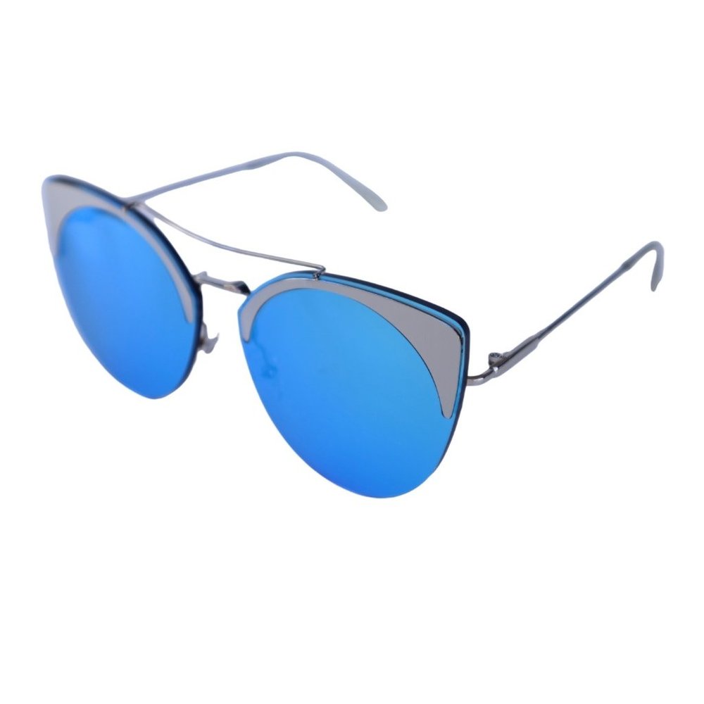 Blind Kitty Cat Eye Sunglasses with Blue Mirrored Lens w Silver Tone Metal Frame